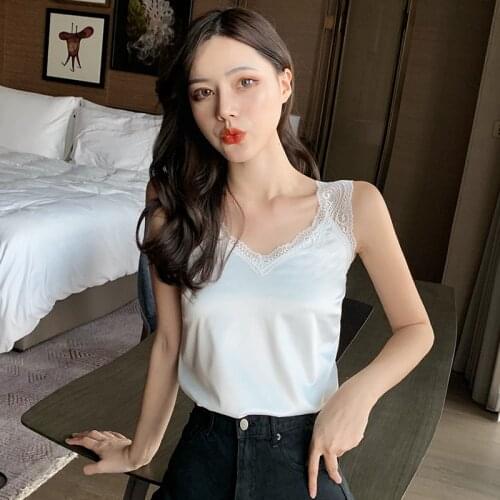2020 Sexy Summer Camisole Plus Size Spaghetti Strap Lace Top Women Halter V Neck Basic Cami Sleeveless Satin Silk Tank Tops