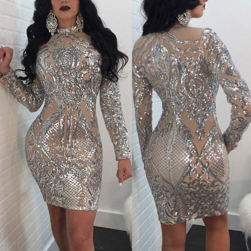 Stylish Nude Sequins Long Sleeve Club Bling Short Dress Gorgeous Turtleneck Bodycon Party Dresses Stage Costumes Vestidos
