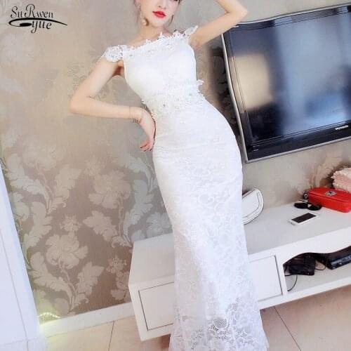 2021 Sexy Collar Lace Slim Tail Handmade Beaded Dress High Waist Summer White Red Black Maxi Dress for Women Vestidos 9401 50