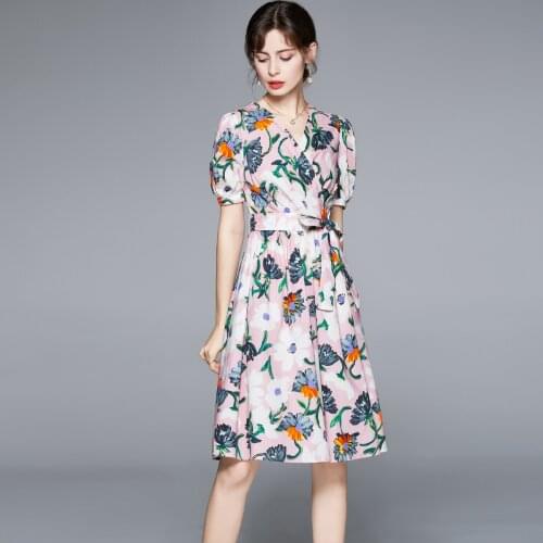 Women Dresses Summer 2021 Runway Fashion Floral Print Vintage Dress V Neck Short Puff Sleeve Bow Belt Mini Dress k7038
