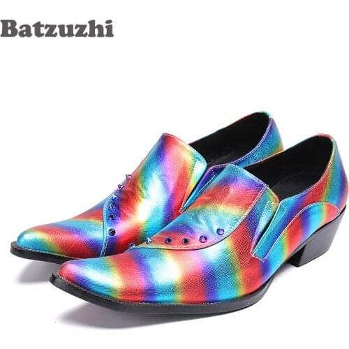 Batzuzhi Fashion Mens Shoes Bright Muti Color Leather Shoes Men with Rivets 6.5cm High Heels Zapatos Hombre Party Wedding Shoes