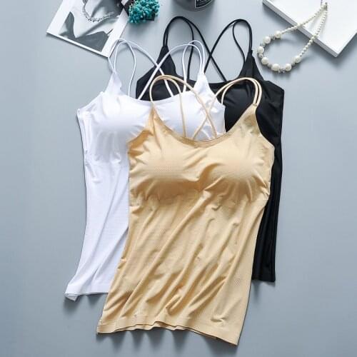 2021 Women Spring Summer Ice Silk Padded Camisole Female V-neck Seamless Bra Breathable Tank Lady Slim Solid Bottoming Vest D932