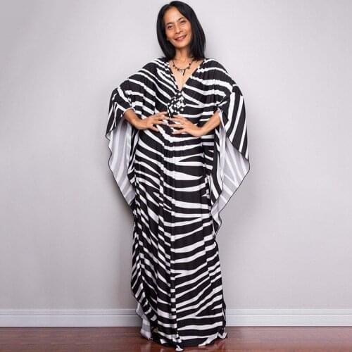 Zebra Caftan Black White Contrast Stripe Print Maxi Dress Oversize Pull Over Kaftan Long Chic Nighty Party Gown Classic Tunic