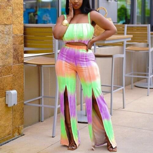 Long Pants Sets Large Ladies Crop Tops & Wide Leg Pants High Split Fashion High Street Wear Female 2 Pieces Matching Sets 2021