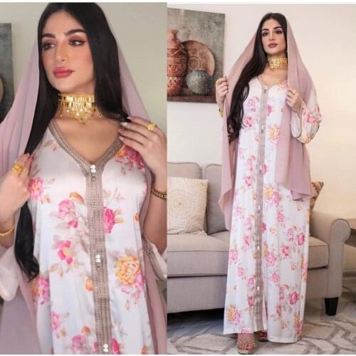 Eid Mubarak New Muslim Fashion Women Elegant Abaya Dubai Turkey Evening Gowns Kaftan Dress Bohemian Floral Abayas Kimono F2858