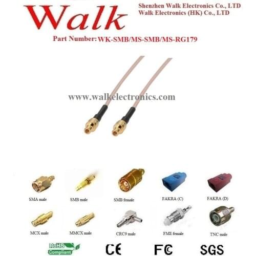 SMB interface cable, RF cable assembly: SMB male straight to SMB male straight with rg179 cable