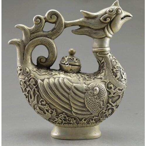 Exquisite Chinese Collectible Decorated Old Handwork Tibet Silver Carved Phoenix Tea Pot