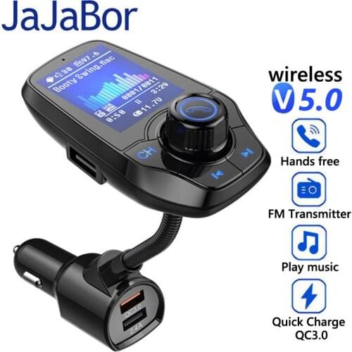 JaJaBor FM Transmitter Bluetooth 5.0 Car kit Handsfree AUX Receiver Large 1.8 Inch Screen Display QC3.0 Dual USB Car Charger