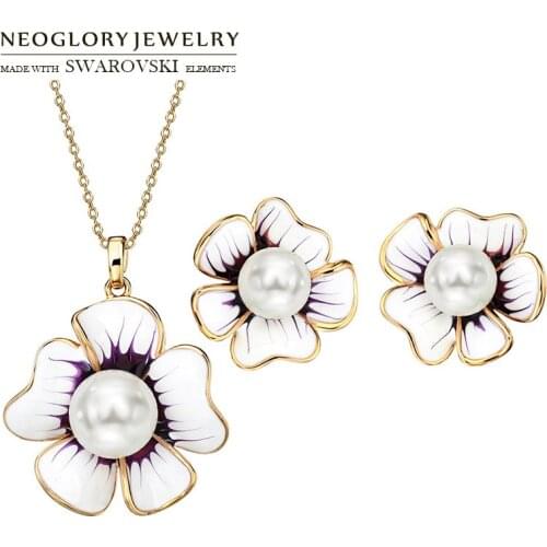 Neoglory Simulated Pearl & Enamel Jewelry Set Exquisite Flower Stylish Necklace & Earrings Lady Trendy Pure Party Gift