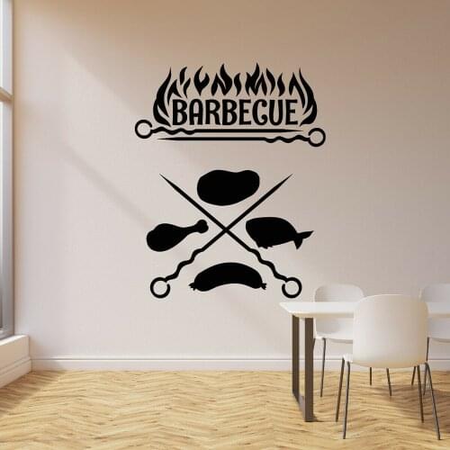 Barbecue Wall Decal Cooking Fire Grill Bar Meat Sausages BBQ Restaurant Interior Decor Art Door Window Vinyl Stickers Mural E123