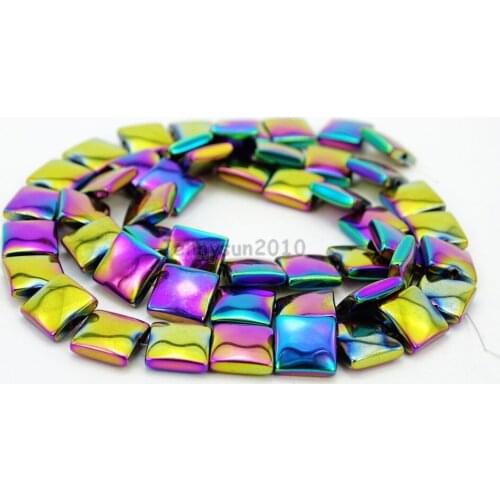 Natural Hematite Healing Gems Stones Flat Square 8mm Beads Non Magnetic Metallic Multi-Colored Jewelry Making 16" 5 Strands/Pack