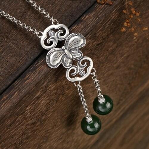 2018 New silver S925 pure silver retro matte Butterfly Pendant mosaic and Tian Yu jade ball beads lady chain wholesale