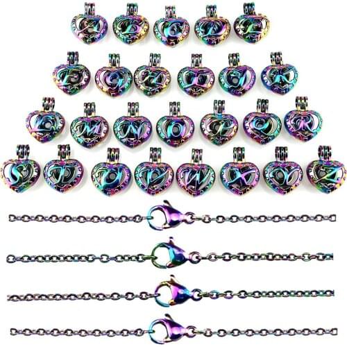Rainbow Alphabet Necklace Heart 26letters Beads Cage Pendant Perfume Diffuser Aromatherapy Pearl Cage Locket Necklace