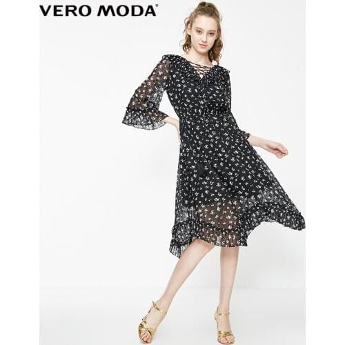Vero Moda Womens Lace Up 3/4 Sleeves Floral Chiffon Dress | 31937C520