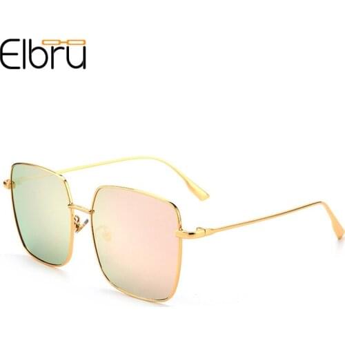 Elbru Vintage Large Square Frame Sunglasses Fashion Metal Sunshades Brand Designer Sun Glasses Retro Colorful Eyewear For Women