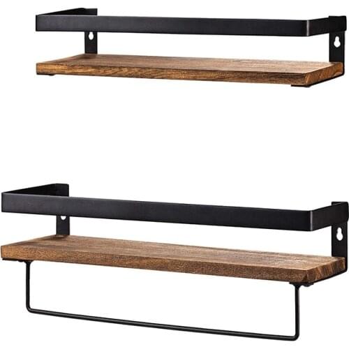 Bathroom Storage Shelf Wall Mounted Set of 2,Rustic Wood Floating Shelves with Removable Towel Bar,Perfect for Kitchen, Bathroom