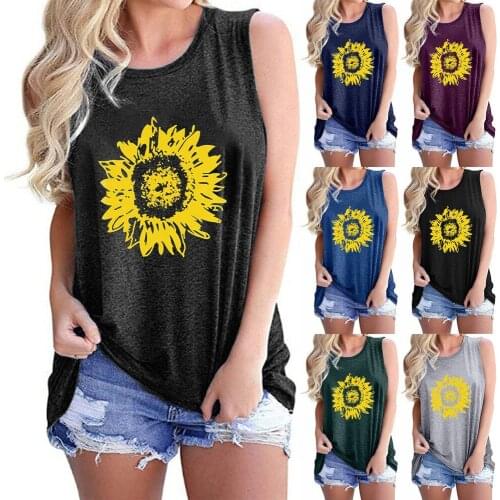 Women Summer Sunflower Tank Tops Fashion Casual Sleeveless Round Neck Breathable Yoga Fitness Loose Tee Shirt Basic Sportswear
