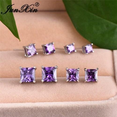 Charm Purple Crystal Stone Earrings Square Cut Zircon Wedding Stud Earrings For Women Ear Studs Princess Engagement Jewelry Gift