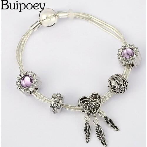 Buipoey Multi Snake Chain Bracelets For Women Original Heart Dreamcatcher Charm Star Beaded Silver Color Bracelet & Bangle Gift