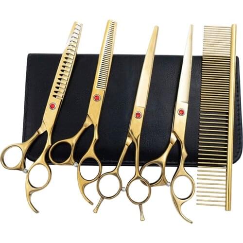 7 Inch Salon Stainless Steel Blunt Straight Thinning Curved Dog Grooming Scissors Set Round Tip