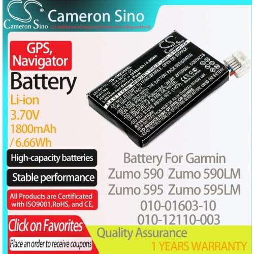 CameronSino Battery for Garmin Zumo 590 590LM 595 595LM 010-01603-10 fits Garmin 010-12110-003 GPS, Navigator battery 1800mAh