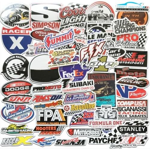AQK 50Pcs F1 Racing Car Stickers For DIY Car Styling Sticker Motocross Racing Helmet Skateboard Luggage Laptop Formula One Decal