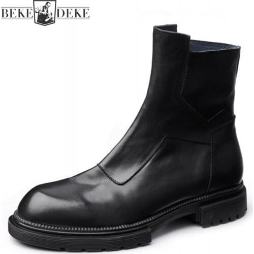 British Style Motorcycle Boots Spring Mens Genuine Leather Chelsea Boots Military Boots Winter Fleece Liner High Top Work Shoes