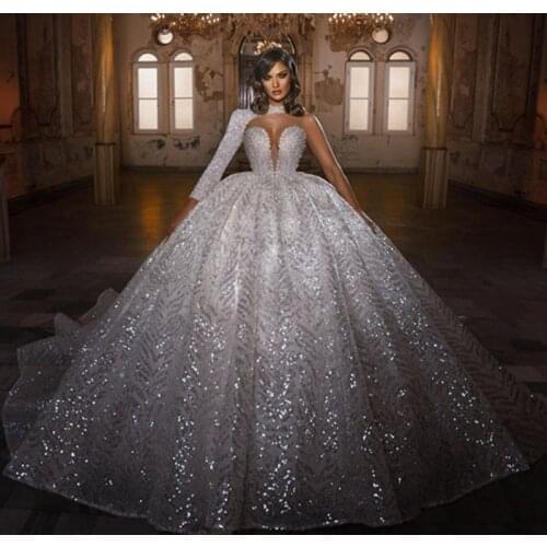 Sparking Sequins Lace Dubai Bridal Ball Gowns Unique One Shoulder Crystal Wedding Dress Luxury Beading Saudi Arabic Wedding Gown