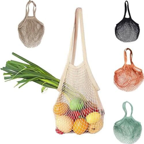 1Pcs Eco Shopping Bags Pure Color Travel Shoulder Bag Net Handbag Portable Cotton Long Band Reusable Multi Purpose