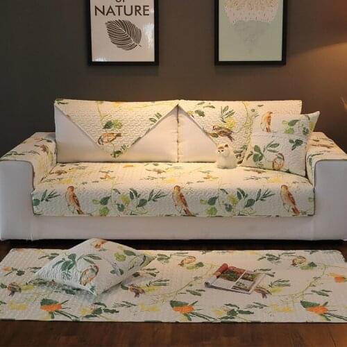 Bird Language Floral Sofa Cover Cotton Non-Slip Sofa Towel Chair Covers Mats Living / Drawing Room Decorative L-shaped