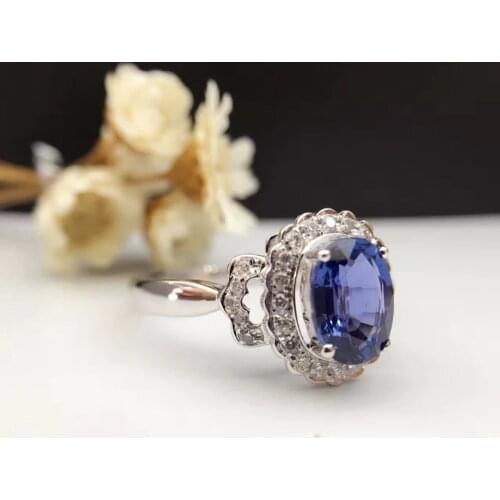 Solid 18K Gold 1.259ct Genuine Sapphire Women Ring 0.142ct Diamond Encrusted Wedding Engagement Ring sapphire-jewelry