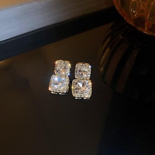 Small Square Rhinestone Zircon Inlaid Pendant Earrings for Women Exquisite Shining Crystal Korean Fashion Piercing Earrings
