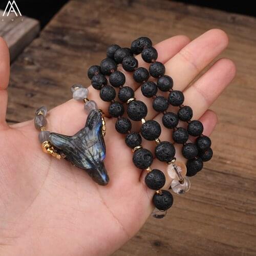 Natural Labradorite Stone Wolf Head Pendant 8mm Black Lava White Quartz 108 Prayers Beads Knot Handmade Necklace N0511AMCD