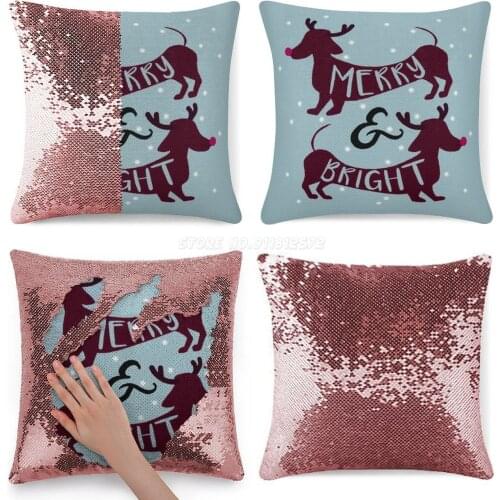Merry & Bright ( Dachshund Sausage Dog ) Sequin Pillowcase Throw Pillow Cover for Sofa 40X40cm Mermaid Sausage Dog Dachshund Dog
