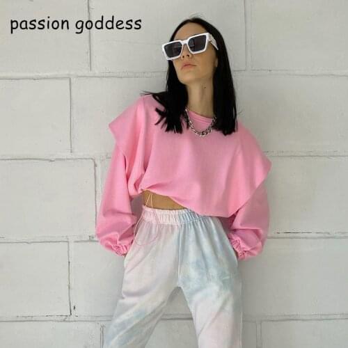 New Women Solid Loose Short Sweatshirt Ruffles Long Sleeve Drawstring Hoodie Crop Tops Pullovers Kawaii Cute Pink Sweatshirts