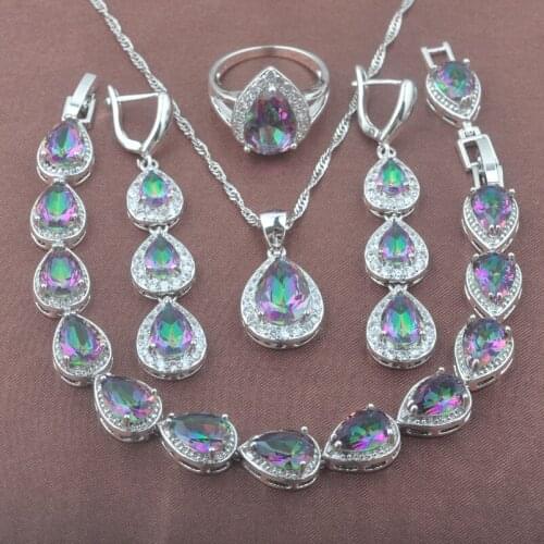 New Multicolor Rainbow Zircon Water Drop Design Silver Color Jewelry Set For Women YZ0570
