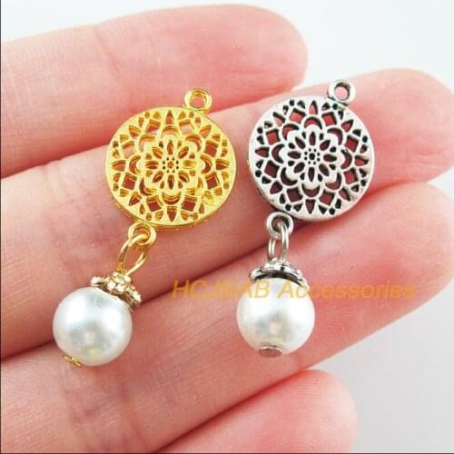 18Pcs Gold Tibetan Silver Tone Round Flower White Glass Beads Charms Pendants 14x32mm