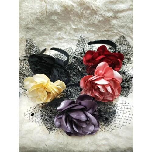 2019 New Satin Fabric Lolita Flower Hairbands Women Hat Doted Veil Mesh Hair Accessories Fashion Ladies Cosplay Floral Headband