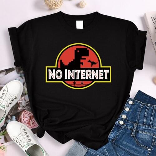 Womens T Shirts No Internet Letters Dinosaur Monster Printing Tees Woman Oversized Tops Round Neck Casual Female Slim T-Shirt