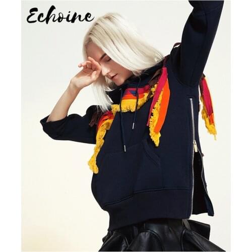 Patchwork Embroidery Womens Sweatshirt Hooded Long Sleeve Pullovers Streetwear Female Sweatshirts 2020 Fashion Dark Blue Tops