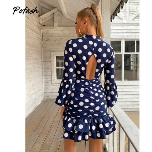 Pofash Polka Dot Ruffle Mini Dresses For Women Hollow Out Backless Sexy Bodycon Dress Female Long Sleeves Vestidos 2021 Outfits