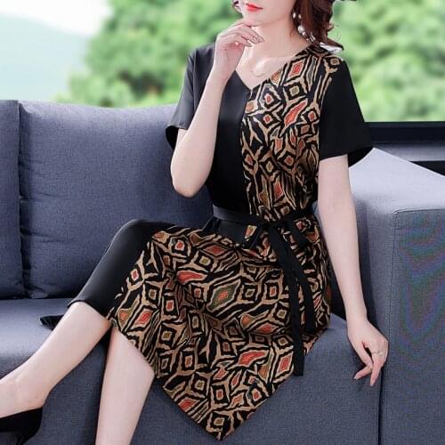 2021 Casual Print 4XL Plus Size Dress Summer Black Vintage Patchwork Mulberry Silk Midi Dress Women Elgant Bodycon Party Vestido