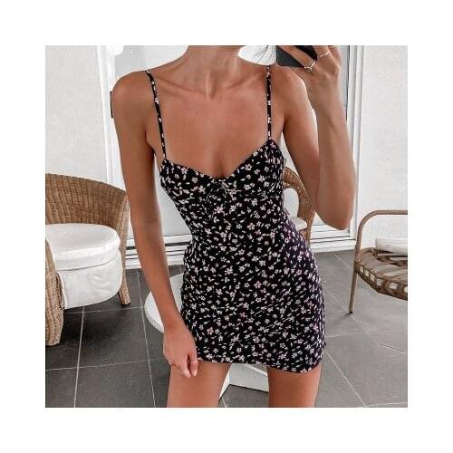 Women Elegant Floral Dress V Neck Spaghetti Strap Bandage Backless Mini Dresses Ladies 2021 Summer Skinny Sexy Fashion Vintage