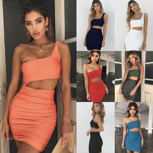 2021summer Sexy One Shoulder Hollow Out Casual Streetwear Bodycon Tight Fit Sleeveless Base Short Solid Color Mini Dresses