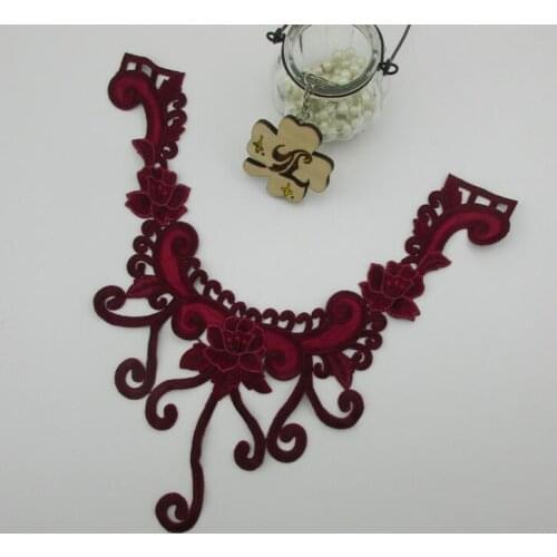 Free Shipping 20 Pieces Embroidered Floral Burgundy Lace Collar Neckline Neck Lace Trim Clothes Sewing Applique 31*29CM