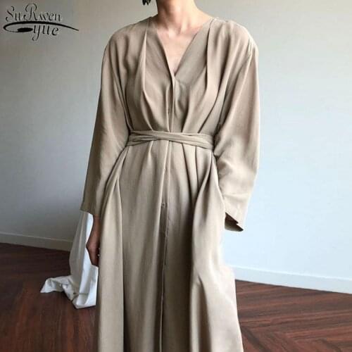 Long Dress New 2021 Women Spring Summer Dresses Lace Up Casual Buttons Fashionable V-neck Vintage Oversize Long Dress 13205