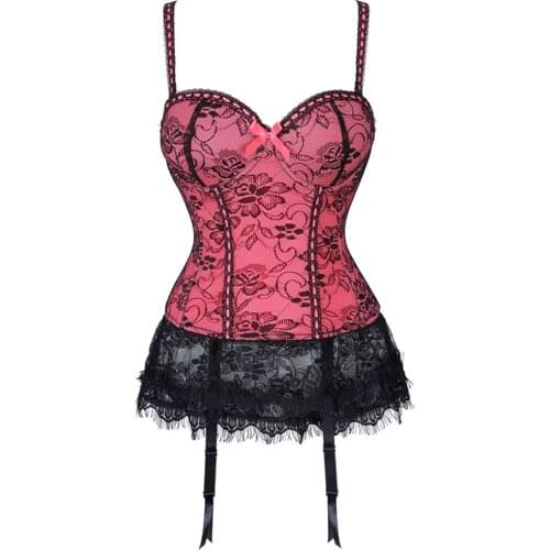 Womens Overbust Mesh Floral Lace Spaghetti Straps Boned Elastic Chemise Bustier Waist Cincher Corset Bra Top Lingerie Dress