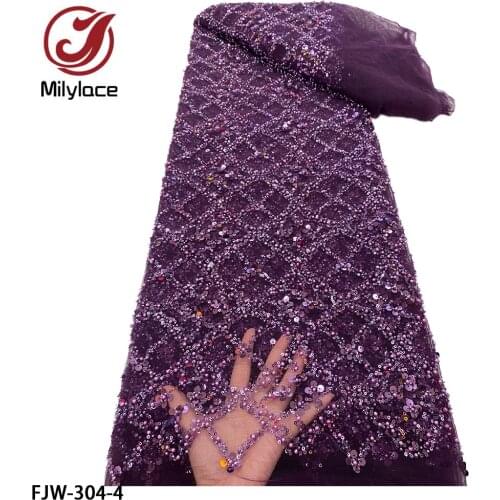 Purple French Tulle Lace Fabric for Nigerian Wedding Sewing African Beaded Lace Fabric 2021 High Quality Sequin Lace FJW-304