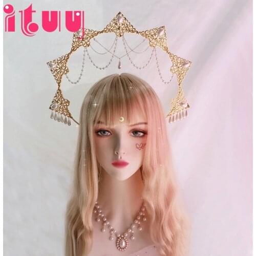 Halo Crown Lolita Sun Goddess Virgin Mary Baroque Bead Chain KC Golden Halo Headwear Bridal Wedding Hair Accessories Gift