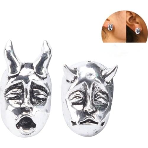Personality Silver Color Horned Demon Baby Stud Earrings Devil Prajna Skull Earrings For Men Women Biker Punk Jewelry